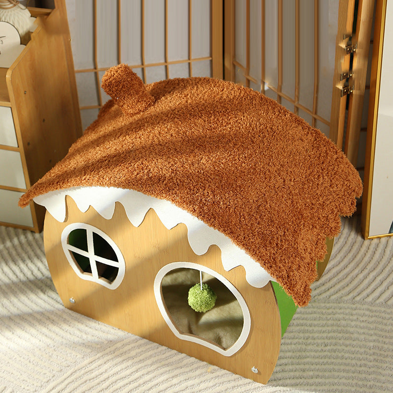 Contemporary Creative Curved House-Shaped Medium Density Fiberboard Teddy Fleece Fabric Cat Bed Dog Bed Toy Ball For Bedroom Cuvalon
