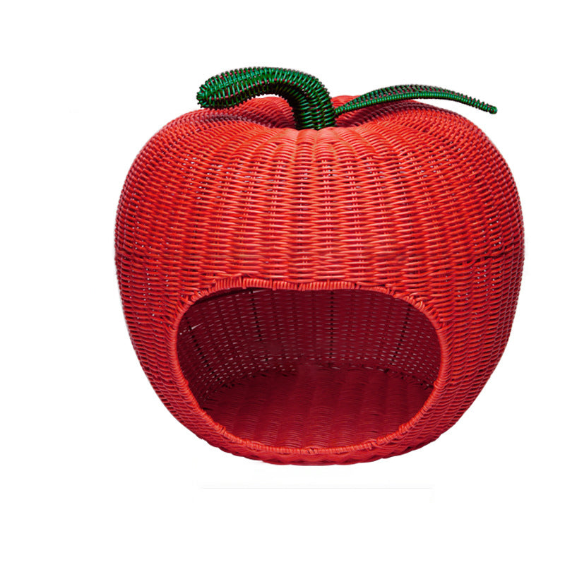 Contemporary Creative Apple-Shaped PP/PE Rattan Velvet Cat Bed With Toy Ball For Bedroom Cuvalon