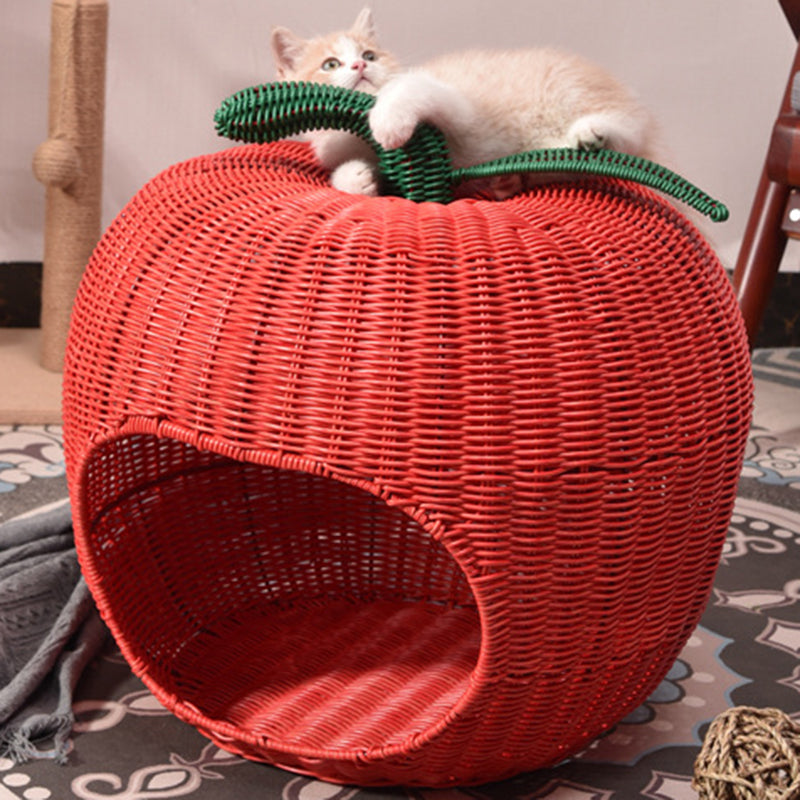 Contemporary Creative Apple-Shaped PP/PE Rattan Velvet Cat Bed With Toy Ball For Bedroom Cuvalon