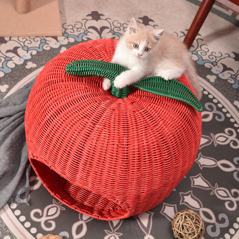 Contemporary Creative Apple-Shaped PP/PE Rattan Velvet Cat Bed With Toy Ball For Bedroom Cuvalon