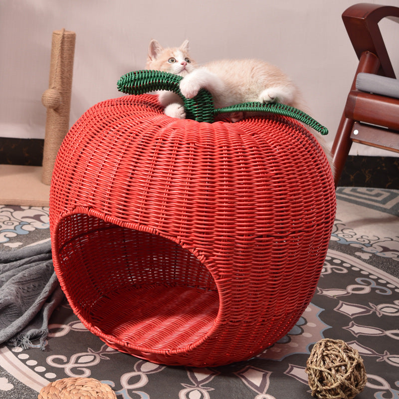 Contemporary Creative Apple-Shaped PP/PE Rattan Velvet Cat Bed With Toy Ball For Bedroom Cuvalon