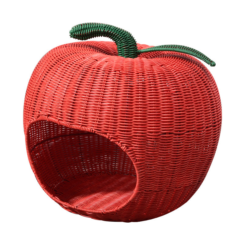 Contemporary Creative Apple-Shaped PP/PE Rattan Velvet Cat Bed With Toy Ball For Bedroom Cuvalon