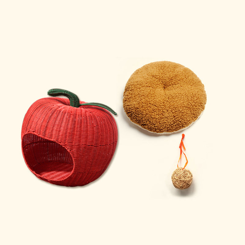 Contemporary Creative Apple-Shaped PP/PE Rattan Velvet Cat Bed With Toy Ball For Bedroom Cuvalon