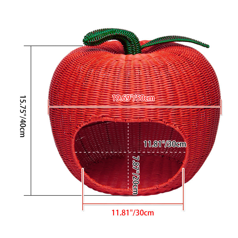 Contemporary Creative Apple-Shaped PP/PE Rattan Velvet Cat Bed With Toy Ball For Bedroom Cuvalon
