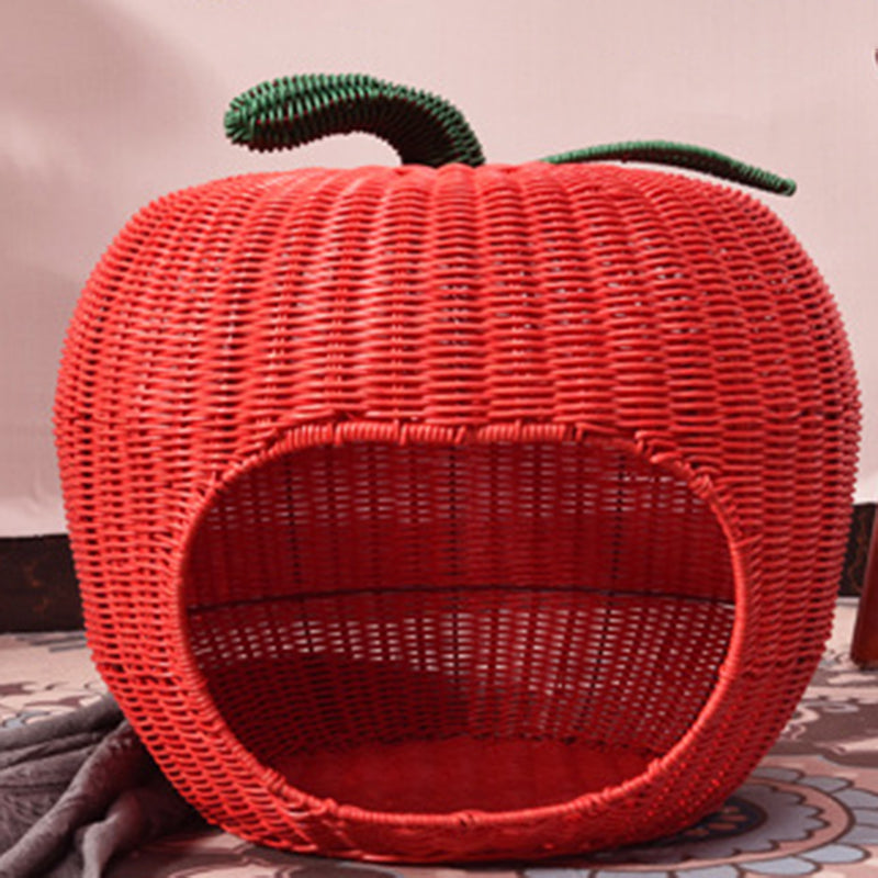 Contemporary Creative Apple-Shaped PP/PE Rattan Velvet Cat Bed With Toy Ball For Bedroom Cuvalon
