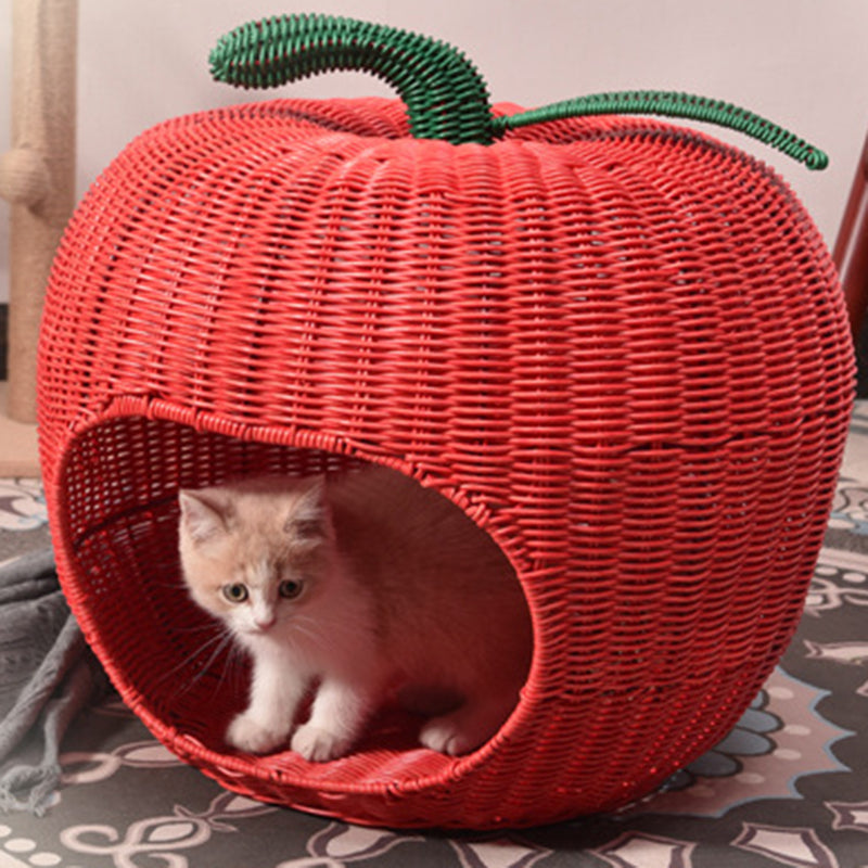 Contemporary Creative Apple-Shaped PP/PE Rattan Velvet Cat Bed With Toy Ball For Bedroom Cuvalon