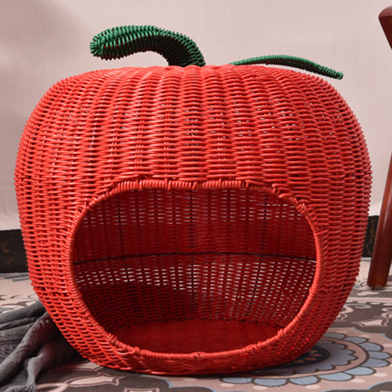 Contemporary Creative Apple-Shaped PP/PE Rattan Velvet Cat Bed With Toy Ball For Bedroom Cuvalon