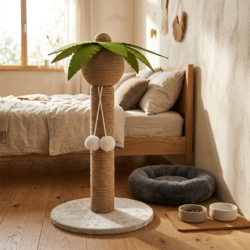 Contemporary Creative Coconut Tree-Shaped Sisal Felt Paper Tube Medium Density Fiberboard Velvet Cat Scratching Post Toy Ball For Living Room Cuvalon