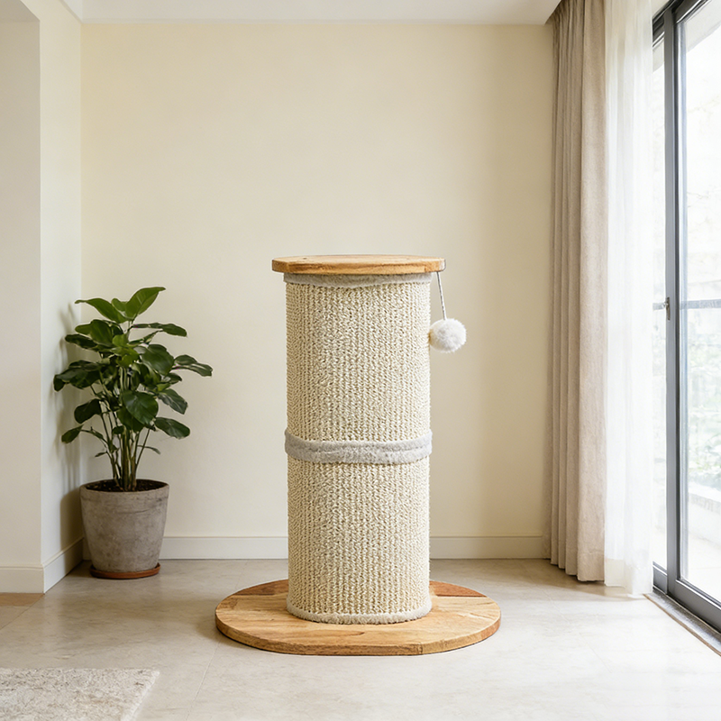 Modern Minimalist Cylindrical Sisal Teddy Fleece Rubberwood Plywood Cat Scratching Post Toy Ball For Living Room Cuvalon