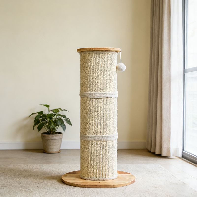 Modern Minimalist Cylindrical Sisal Teddy Fleece Rubberwood Plywood Cat Scratching Post Toy Ball For Living Room Cuvalon