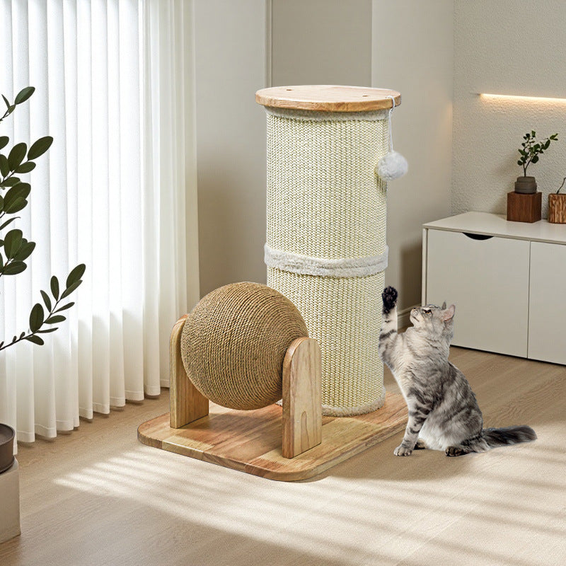 Modern Minimalist Cylindrical Sisal Teddy Fleece Rubberwood Plywood Cat Scratching Post Toy Ball For Living Room Cuvalon
