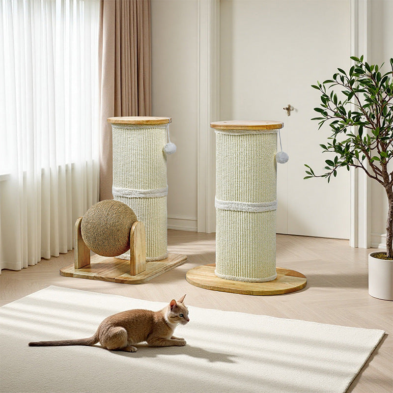 Modern Minimalist Cylindrical Sisal Teddy Fleece Rubberwood Plywood Cat Scratching Post Toy Ball For Living Room Cuvalon