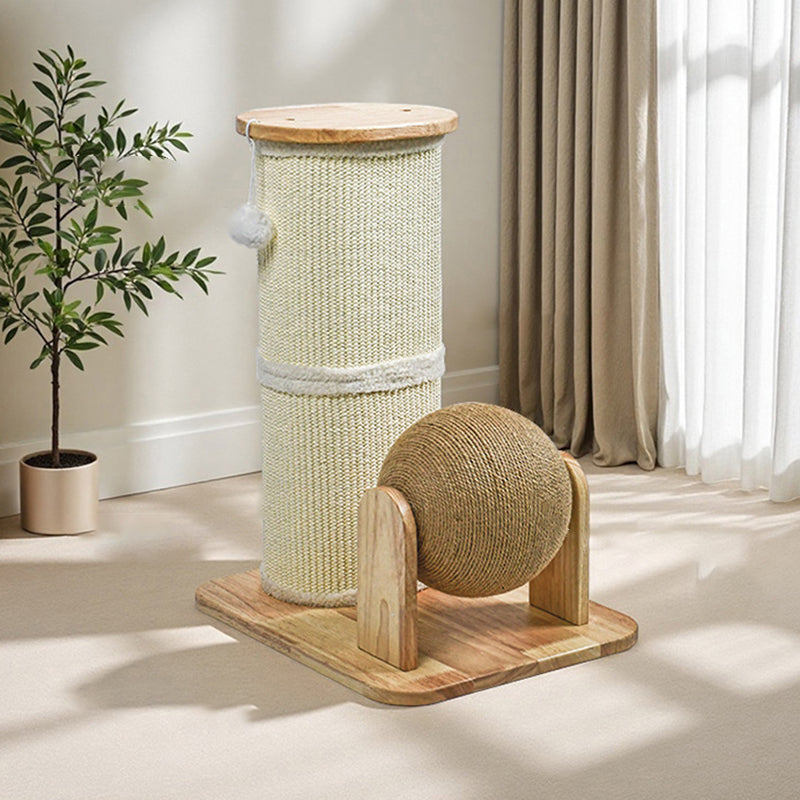 Modern Minimalist Cylindrical Sisal Teddy Fleece Rubberwood Plywood Cat Scratching Post Toy Ball For Living Room Cuvalon