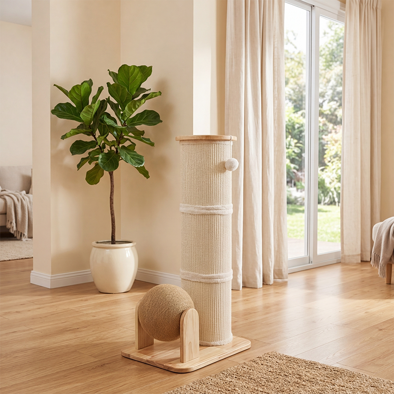 Modern Minimalist Cylindrical Sisal Teddy Fleece Rubberwood Plywood Cat Scratching Post Toy Ball For Living Room Cuvalon