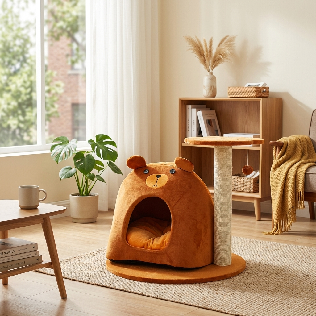 Contemporary Creative Teddy Bear-Shaped Honey Pot Velvet Sisal Sponge Paper Tube Cat Tree & Condo 1-Perch For Living Room Cuvalon
