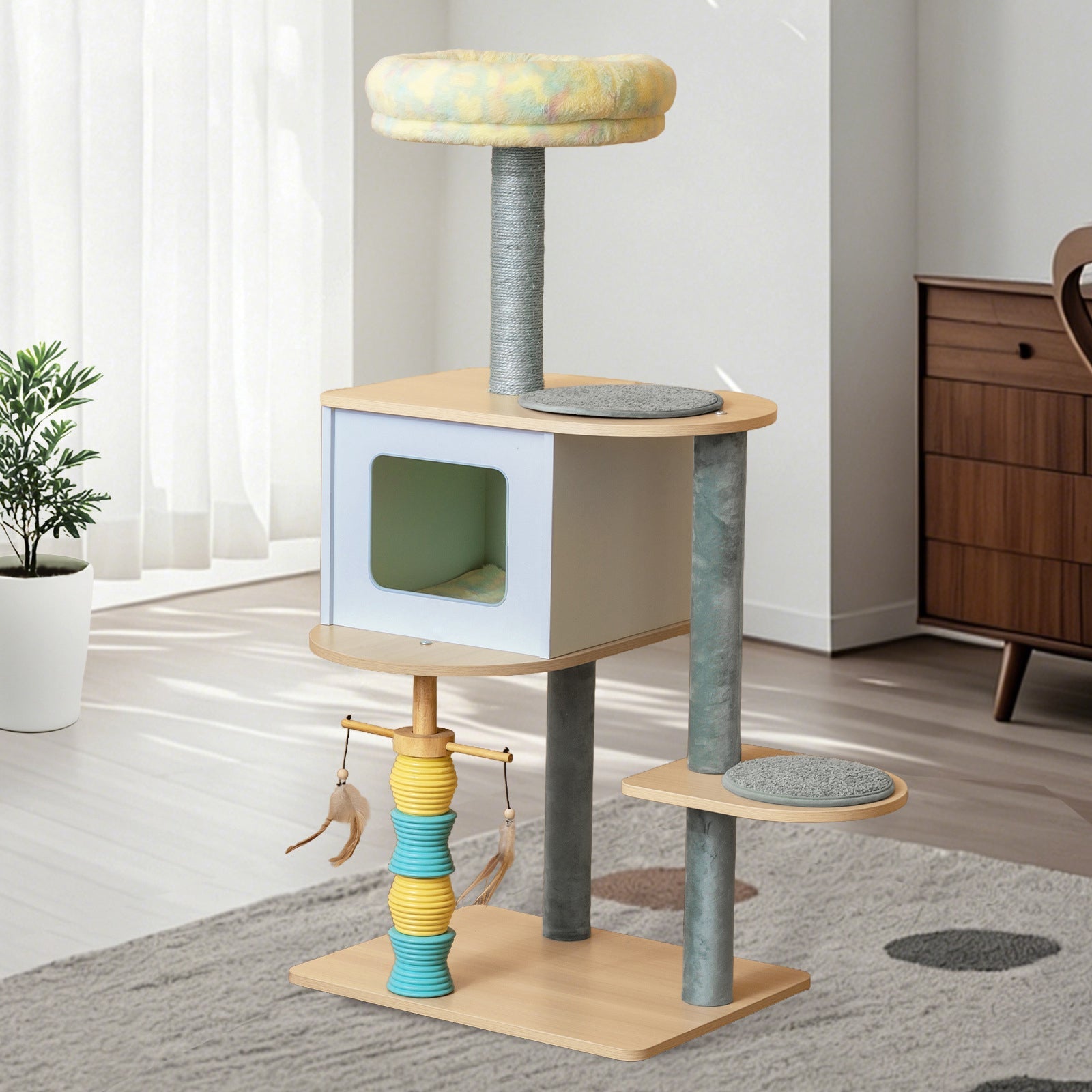 Contemporary Nordic Rectangular Cylindrical Particle Board Paper Tube Sisal Sherpa Fabric Velvet Cat Tree & Condo 2-Condo For Living Room Cuvalon