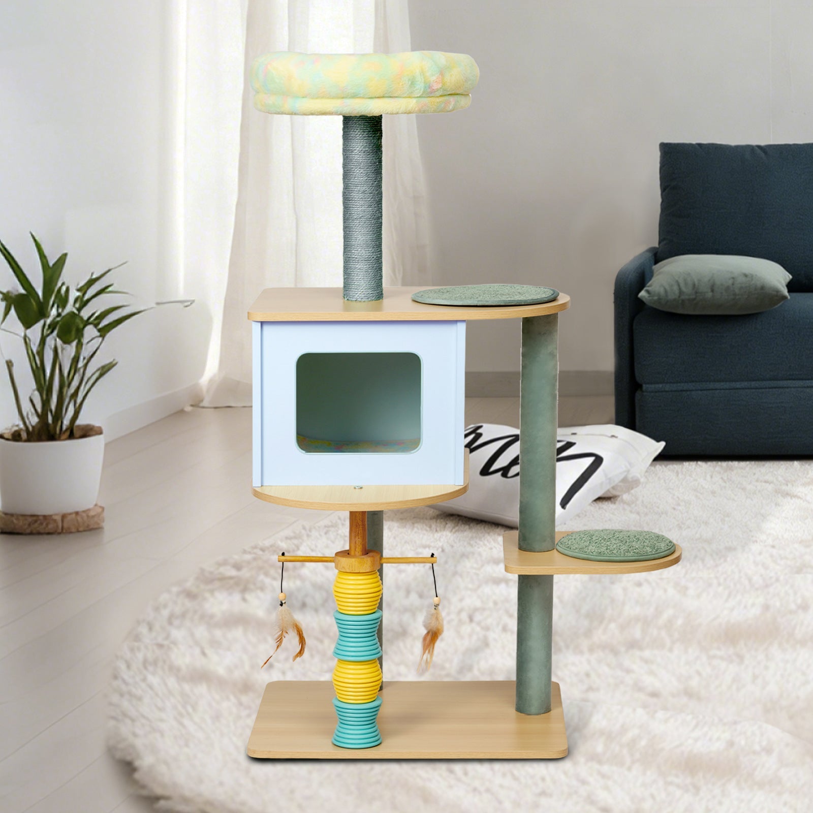 Contemporary Nordic Rectangular Cylindrical Particle Board Paper Tube Sisal Sherpa Fabric Velvet Cat Tree & Condo 2-Condo For Living Room Cuvalon