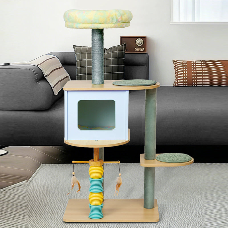 Contemporary Nordic Rectangular Cylindrical Particle Board Paper Tube Sisal Sherpa Fabric Velvet Cat Tree & Condo 2-Condo For Living Room Cuvalon