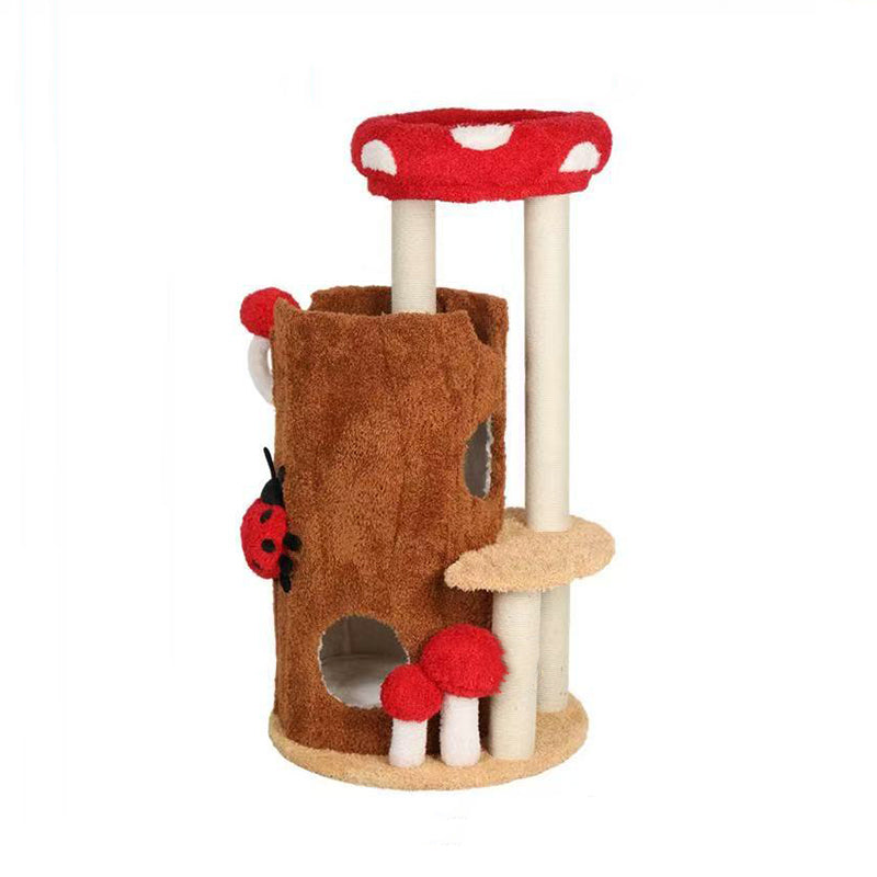 Contemporary Creative Cylindrical Tree House Pine Wood Teddy Fleece Sisal Cat Tree & Condo 2-Condo For Living Room Cuvalon