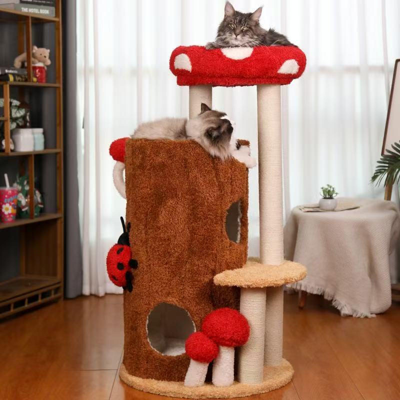 Contemporary Creative Cylindrical Tree House Pine Wood Teddy Fleece Sisal Cat Tree & Condo 2-Condo For Living Room Cuvalon
