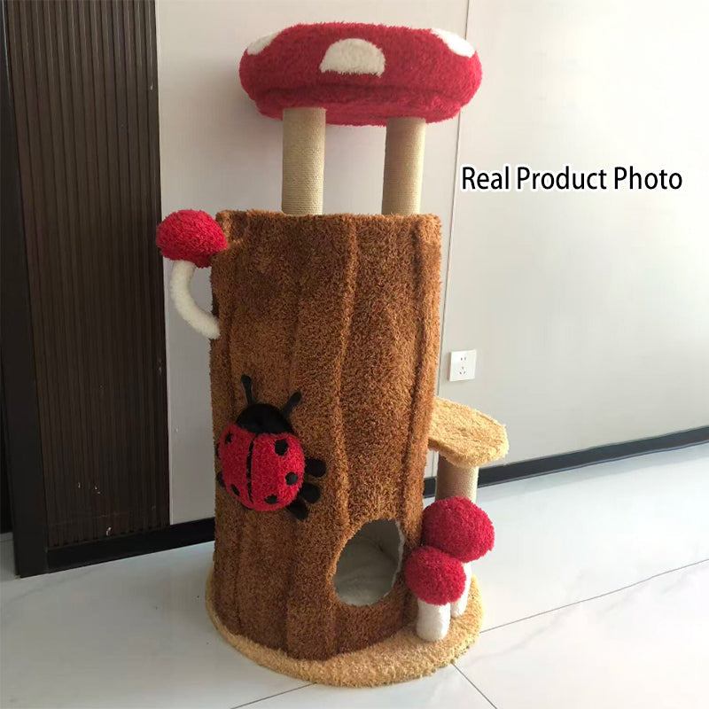 Contemporary Creative Cylindrical Tree House Pine Wood Teddy Fleece Sisal Cat Tree & Condo 2-Condo For Living Room Cuvalon
