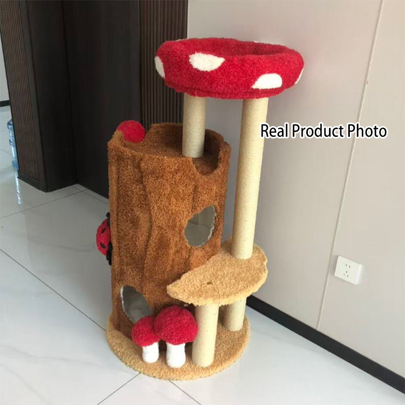 Contemporary Creative Cylindrical Tree House Pine Wood Teddy Fleece Sisal Cat Tree & Condo 2-Condo For Living Room Cuvalon