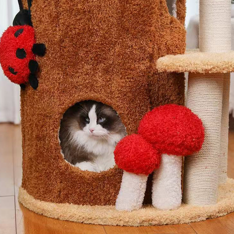 Contemporary Creative Cylindrical Tree House Pine Wood Teddy Fleece Sisal Cat Tree & Condo 2-Condo For Living Room Cuvalon