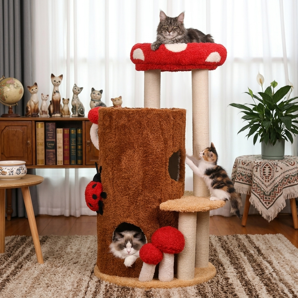 Contemporary Creative Cylindrical Tree House Pine Wood Teddy Fleece Sisal Cat Tree & Condo 2-Condo For Living Room Cuvalon