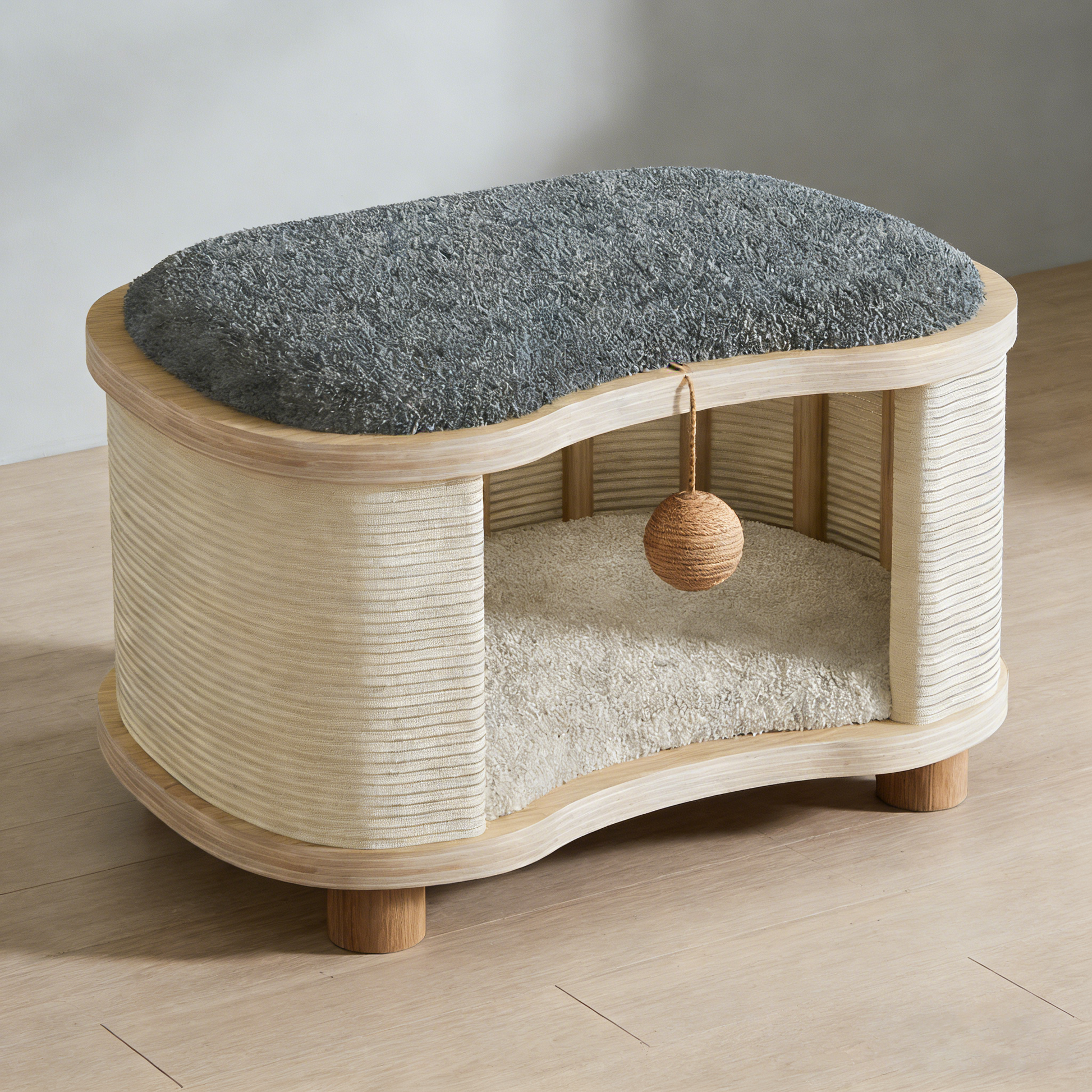 Modern Minimalist Pine Wood Linen Teddy Fleece Oval Removable Cat Bed 1-Toy Ball For Living Room & Bedroom Cuvalon