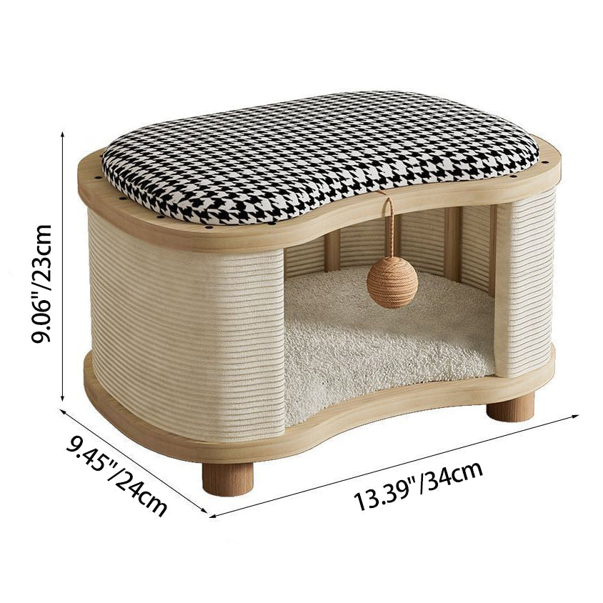 Modern Minimalist Pine Wood Linen Teddy Fleece Oval Removable Cat Bed 1-Toy Ball For Living Room & Bedroom Cuvalon