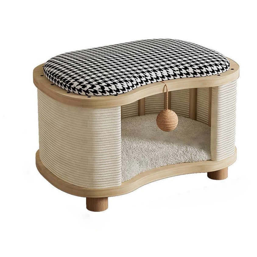 Modern Minimalist Pine Wood Linen Teddy Fleece Oval Removable Cat Bed 1-Toy Ball For Living Room & Bedroom Cuvalon