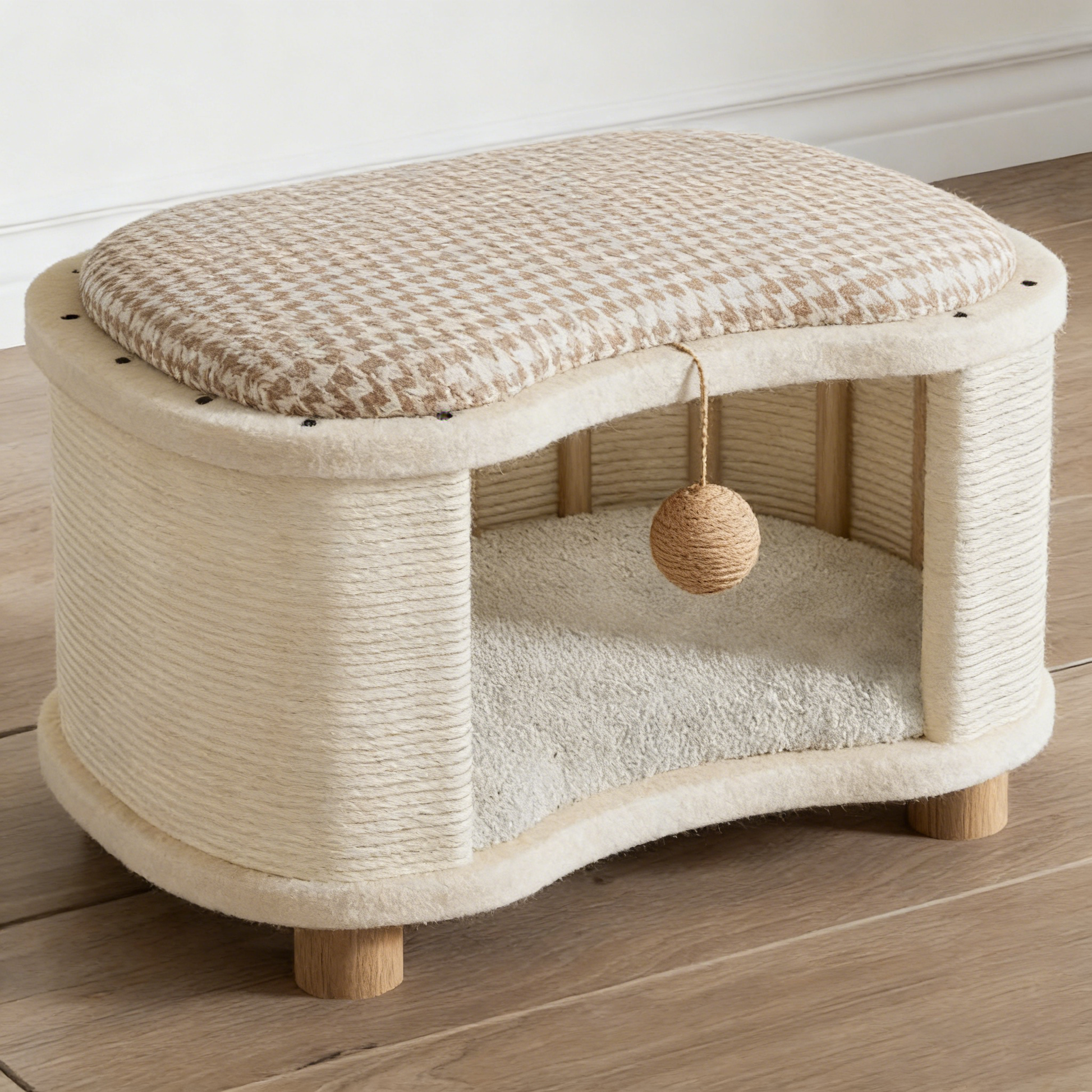 Modern Minimalist Pine Wood Linen Teddy Fleece Oval Removable Cat Bed 1-Toy Ball For Living Room & Bedroom Cuvalon