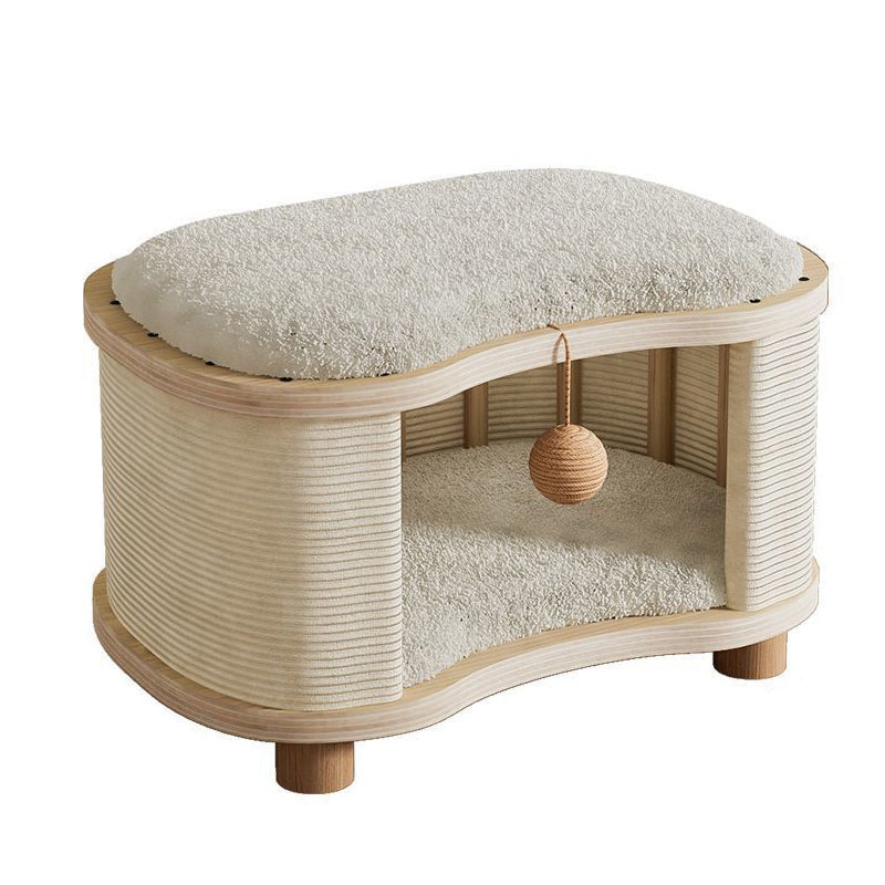 Modern Minimalist Pine Wood Linen Teddy Fleece Oval Removable Cat Bed 1-Toy Ball For Living Room & Bedroom Cuvalon
