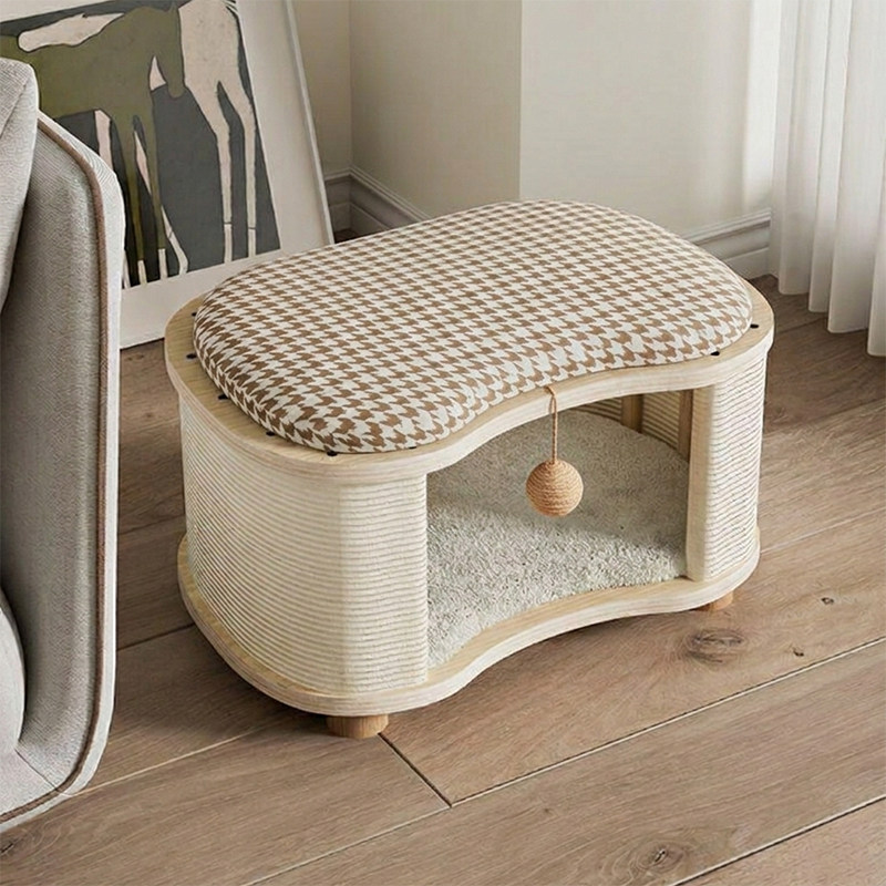 Modern Minimalist Pine Wood Linen Teddy Fleece Oval Removable Cat Bed 1-Toy Ball For Living Room & Bedroom Cuvalon