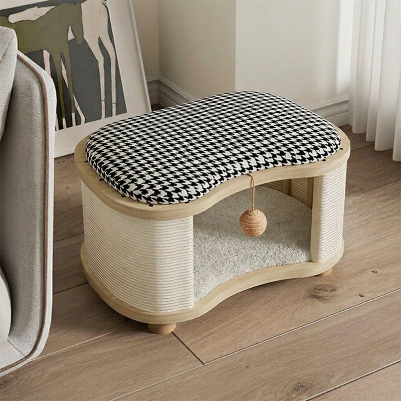 Modern Minimalist Pine Wood Linen Teddy Fleece Oval Removable Cat Bed 1-Toy Ball For Living Room & Bedroom Cuvalon