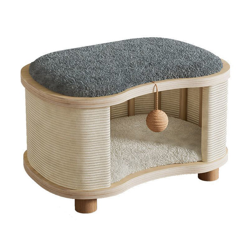 Modern Minimalist Pine Wood Linen Teddy Fleece Oval Removable Cat Bed 1-Toy Ball For Living Room & Bedroom Cuvalon