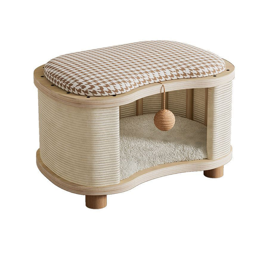 Modern Minimalist Pine Wood Linen Teddy Fleece Oval Removable Cat Bed 1-Toy Ball For Living Room & Bedroom Cuvalon
