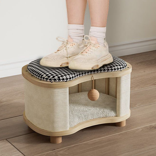 Modern Minimalist Pine Wood Linen Teddy Fleece Oval Removable Cat Bed 1-Toy Ball For Living Room & Bedroom Cuvalon