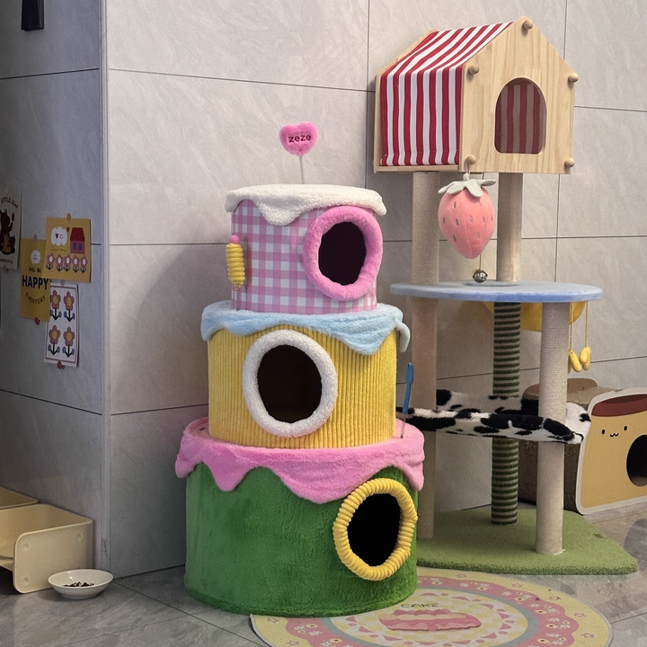 Contemporary Creative Round Particleboard Velvet Fabric Cake-Shaped Cat Tree 3-Tier For Living Room Cuvalon