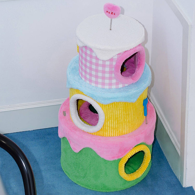 Contemporary Creative Round Particleboard Velvet Fabric Cake-Shaped Cat Tree 3-Tier For Living Room Cuvalon