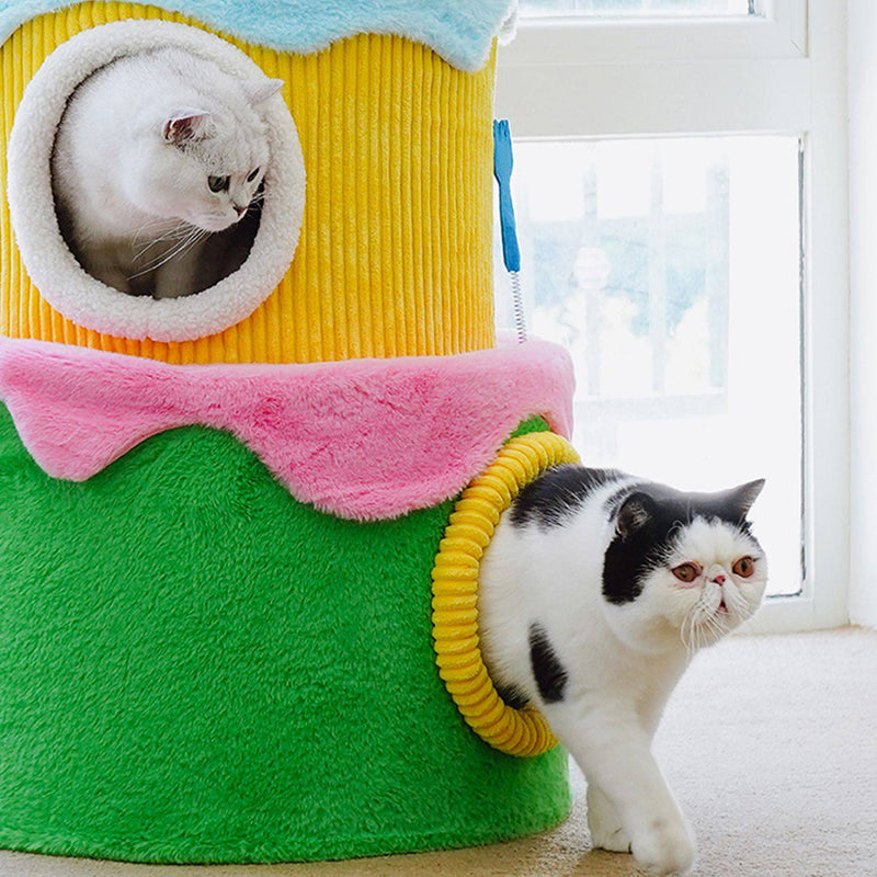 Contemporary Creative Round Particleboard Velvet Fabric Cake-Shaped Cat Tree 3-Tier For Living Room Cuvalon