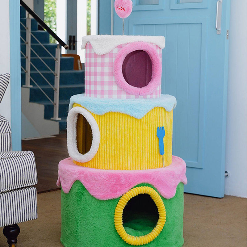 Contemporary Creative Round Particleboard Velvet Fabric Cake-Shaped Cat Tree 3-Tier For Living Room Cuvalon