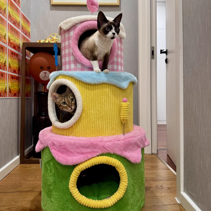 Contemporary Creative Round Particleboard Velvet Fabric Cake-Shaped Cat Tree 3-Tier For Living Room Cuvalon