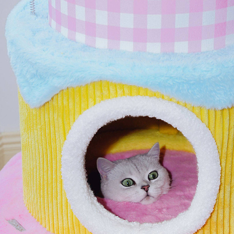 Contemporary Creative Round Particleboard Velvet Fabric Cake-Shaped Cat Tree 3-Tier For Living Room Cuvalon