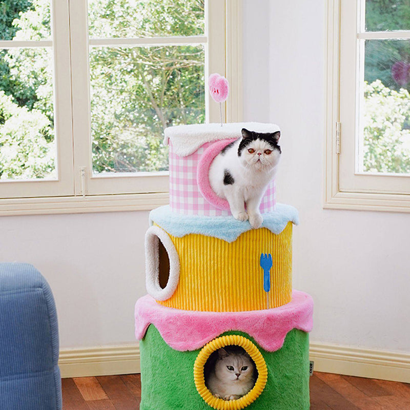 Contemporary Creative Round Particleboard Velvet Fabric Cake-Shaped Cat Tree 3-Tier For Living Room Cuvalon