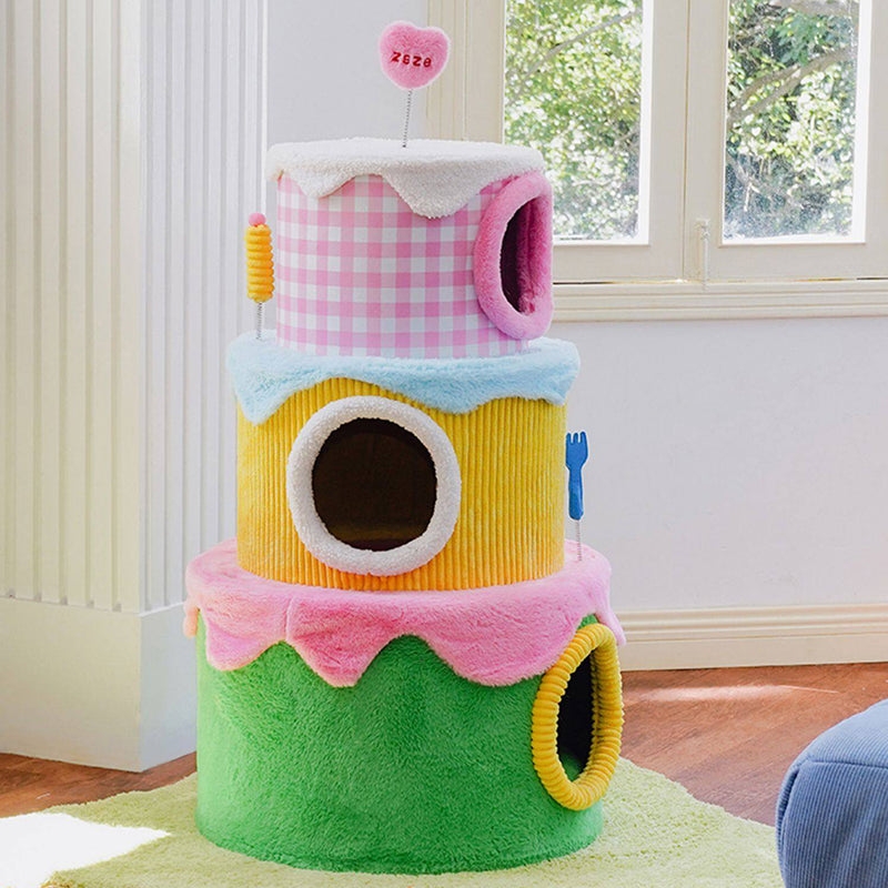 Contemporary Creative Round Particleboard Velvet Fabric Cake-Shaped Cat Tree 3-Tier For Living Room Cuvalon