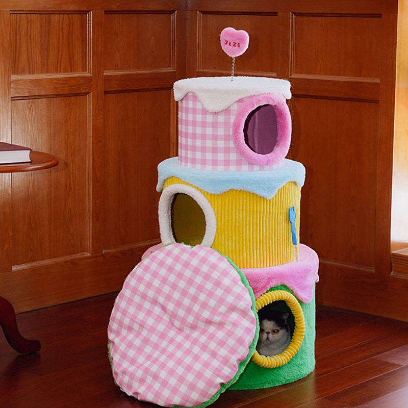Contemporary Creative Round Particleboard Velvet Fabric Cake-Shaped Cat Tree 3-Tier For Living Room Cuvalon