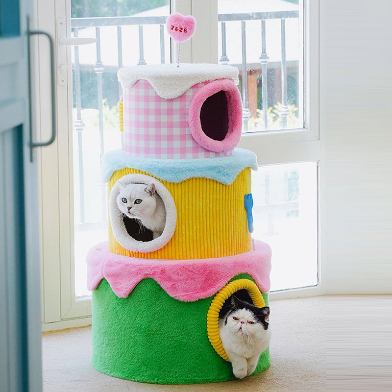 Contemporary Creative Round Particleboard Velvet Fabric Cake-Shaped Cat Tree 3-Tier For Living Room Cuvalon