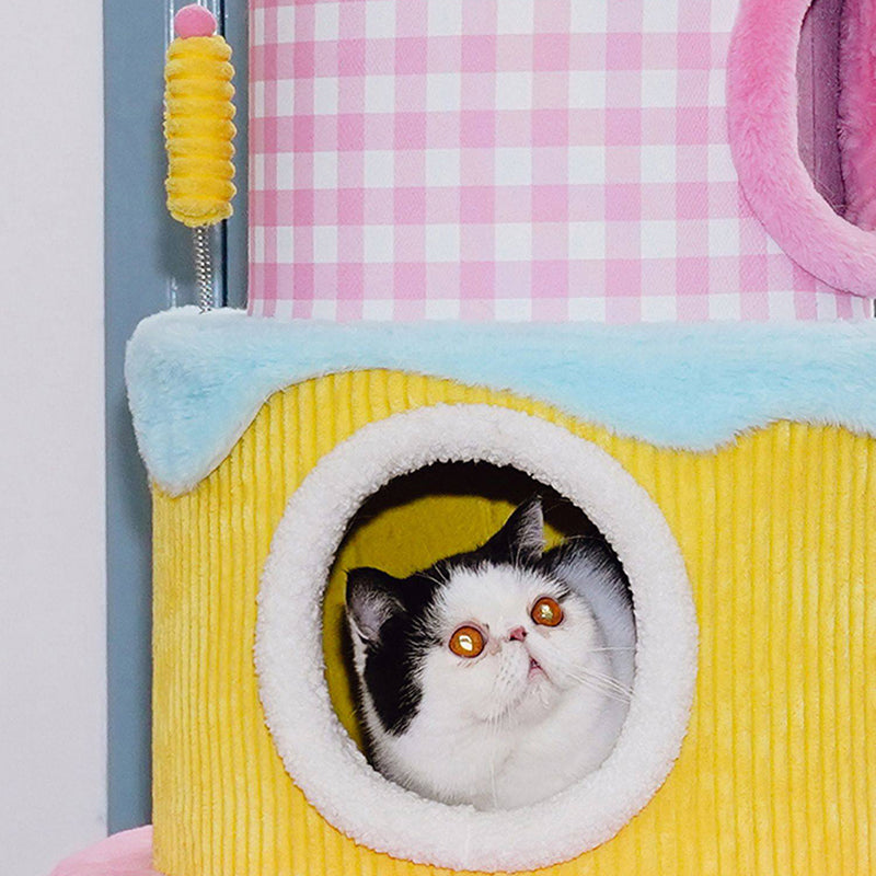 Contemporary Creative Round Particleboard Velvet Fabric Cake-Shaped Cat Tree 3-Tier For Living Room Cuvalon