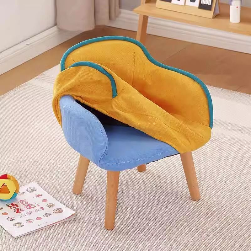 Contemporary Creative Curved Kids Linen-Cotton Solid Wood Accent Chair Backrest Armrest For Living Room Cuvalon